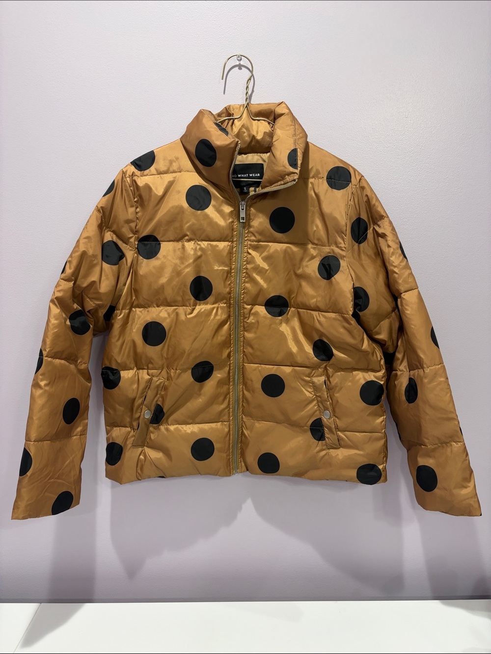 Who What Wear Gold Puffer Jacket with Black Polka Dots